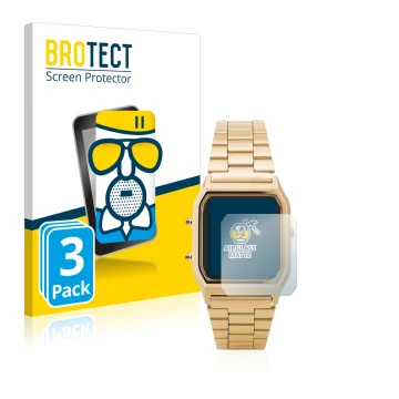 Vorderseite einer Produktverpackung mit dem Markenlogo BROTECT. Daneben ist das Gerät Casio AQ-230GA mit dem zugehörigen Displ