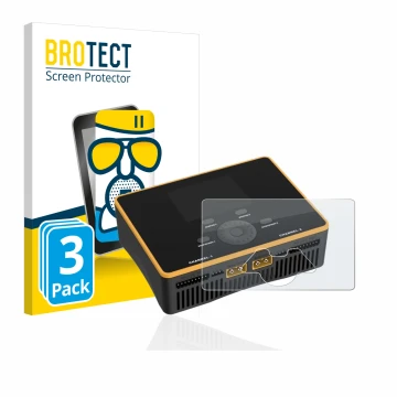 Vorderseite einer Produktverpackung mit dem Markenlogo BROTECT. Daneben ist das Gerät Junsi iCharger DX8 Duo mit dem zugehörig