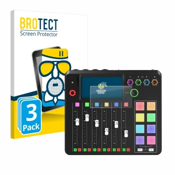 Vorderseite einer Produktverpackung mit dem Markenlogo BROTECT. Daneben ist das Gerät Rode Rodecaster Pro II mit dem zugehörig