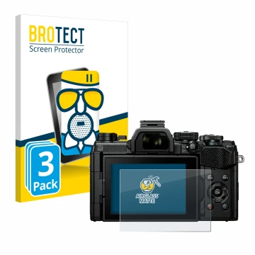 Vorderseite einer Produktverpackung mit dem Markenlogo BROTECT. Daneben ist das Gerät Olympus OM System OM-5 mit dem zugehörig