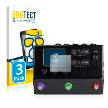 Vorderseite einer Produktverpackung mit dem Markenlogo BROTECT. Daneben ist das Gerät Line 6 hx stomp mit dem zugehörigen Disp