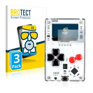 Vorderseite einer Produktverpackung mit dem Markenlogo BROTECT. Daneben ist das Gerät Arduboy FX mit dem zugehörigen Displaysc
