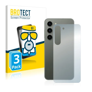 Vorderseite einer Produktverpackung mit dem Markenlogo BROTECT. Daneben ist das Gerät Samsung Galaxy S23 Plus (Rückseite) mit 