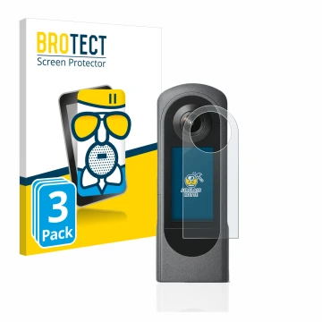 Vorderseite einer Produktverpackung mit dem Markenlogo BROTECT. Daneben ist das Gerät Ricoh Theta X mit dem zugehörigen Displa