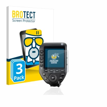 Vorderseite einer Produktverpackung mit dem Markenlogo BROTECT. Daneben ist das Gerät Godox XPro II mit dem zugehörigen Displa