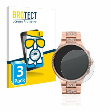 Vorderseite einer Produktverpackung mit dem Markenlogo BROTECT. Daneben ist das Gerät Michael Kors Camille Gen 6 MKT5147 mit d