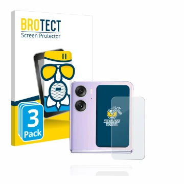 Vorderseite einer Produktverpackung mit dem Markenlogo BROTECT. Daneben ist das Gerät Oppo Find N2 Flip (Hinteres Display) mit