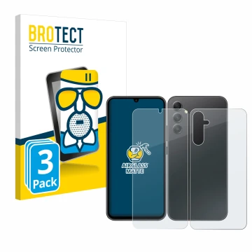 Vorderseite einer Produktverpackung mit dem Markenlogo BROTECT. Daneben ist das Gerät Samsung Galaxy A34 5G (Display+Rückseite