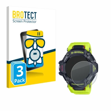 Vorderseite einer Produktverpackung mit dem Markenlogo BROTECT. Daneben ist das Gerät Casio G-Shock GBD-H2000 mit dem zugehöri