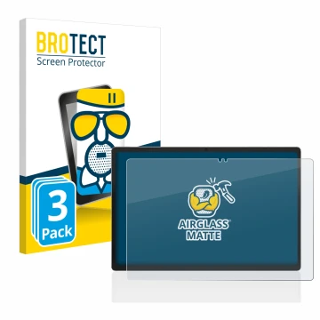 Vorderseite einer Produktverpackung mit dem Markenlogo BROTECT. Daneben ist das Gerät Jumper EZpad M11 mit dem zugehörigen Dis