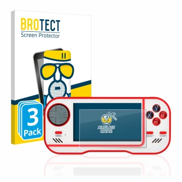 Vorderseite einer Produktverpackung mit dem Markenlogo BROTECT. Daneben ist das Gerät Blaze Evercade mit dem zugehörigen Displ