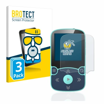 Vorderseite einer Produktverpackung mit dem Markenlogo BROTECT. Daneben ist das Gerät AGPtek A65X MP3 Player with clip mit dem