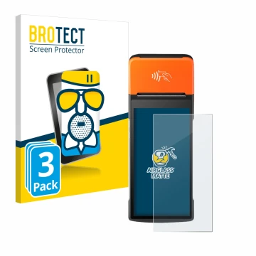 Vorderseite einer Produktverpackung mit dem Markenlogo BROTECT. Daneben ist das Gerät Sunmi V2 Pro mit dem zugehörigen Display