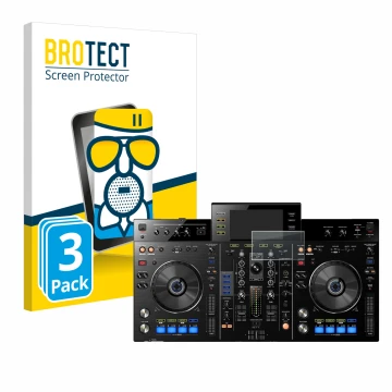 Vorderseite einer Produktverpackung mit dem Markenlogo BROTECT. Daneben ist das Gerät Pioneer XDJ-RX mit dem zugehörigen Displ