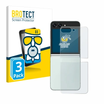 Vorderseite einer Produktverpackung mit dem Markenlogo BROTECT. Daneben ist das Gerät Samsung Galaxy Z Flip 5 (Rückseite) mit 