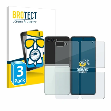 Vorderseite einer Produktverpackung mit dem Markenlogo BROTECT. Daneben ist das Gerät Samsung Galaxy Z Flip 5 (Display+Rücksei