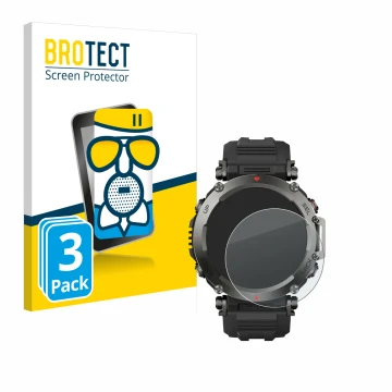 Vorderseite einer Produktverpackung mit dem Markenlogo BROTECT. Daneben ist das Gerät Huami Amazfit T-Rex Ultra mit dem zugehö