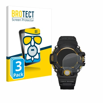 Vorderseite einer Produktverpackung mit dem Markenlogo BROTECT. Daneben ist das Gerät Casio G-Shock GW-9400Y-1 mit dem zugehör