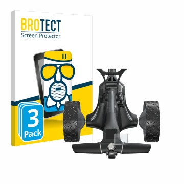 Vorderseite einer Produktverpackung mit dem Markenlogo BROTECT. Daneben ist das Gerät Motocaddy M7 GPS Electric Trolley mit de