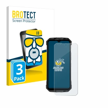 Vorderseite einer Produktverpackung mit dem Markenlogo BROTECT. Daneben ist das Gerät Doogee S110 mit dem zugehörigen Displays