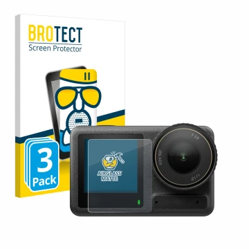 Vorderseite einer Produktverpackung mit dem Markenlogo BROTECT. Daneben ist das Gerät DJI Osmo Action 4 (Vorderes Display) mit