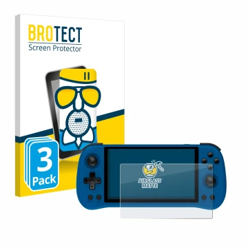 Vorderseite einer Produktverpackung mit dem Markenlogo BROTECT. Daneben ist das Gerät Powkiddy X55 mit dem zugehörigen Display