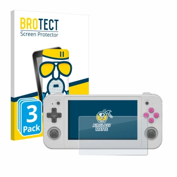 Vorderseite einer Produktverpackung mit dem Markenlogo BROTECT. Daneben ist das Gerät Anbernic RG505 mit dem zugehörigen Displ