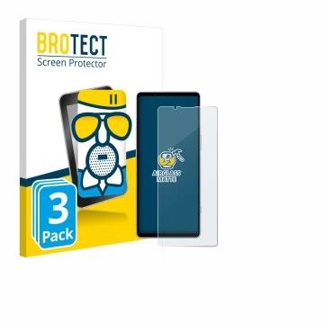 Vorderseite einer Produktverpackung mit dem Markenlogo BROTECT. Daneben ist das Gerät Sony Xperia 5 V mit dem zugehörigen Disp