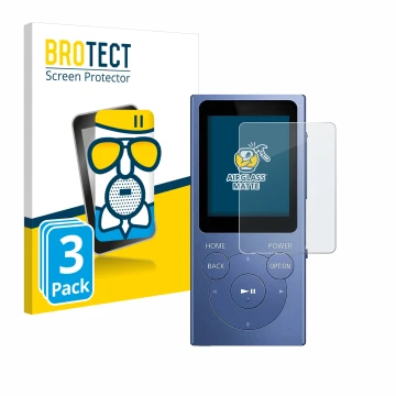 Vorderseite einer Produktverpackung mit dem Markenlogo BROTECT. Daneben ist das Gerät Sony Walkman NW-E394 mit dem zugehörigen