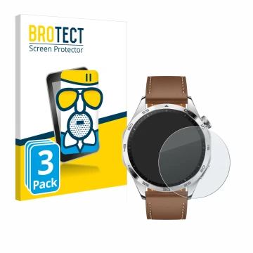 Vorderseite einer Produktverpackung mit dem Markenlogo BROTECT. Daneben ist das Gerät Huawei Watch GT 4 (46mm) mit dem zugehör