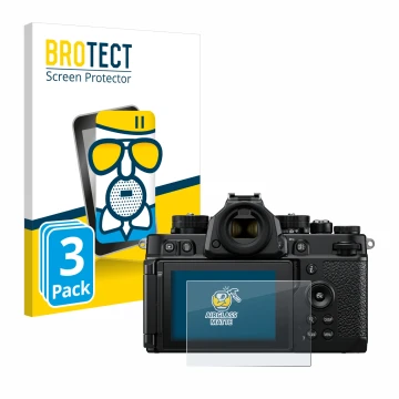 Vorderseite einer Produktverpackung mit dem Markenlogo BROTECT. Daneben ist das Gerät Nikon Z F mit dem zugehörigen Displaysch