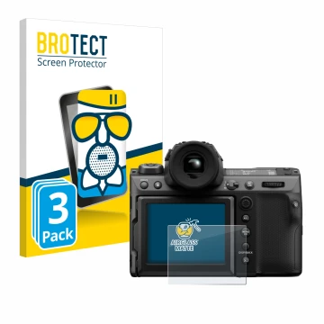 Vorderseite einer Produktverpackung mit dem Markenlogo BROTECT. Daneben ist das Gerät Fujifilm GFX100 II mit dem zugehörigen D