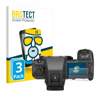 Vorderseite einer Produktverpackung mit dem Markenlogo BROTECT. Daneben ist das Gerät Fujifilm GFX100 II (Schulterdisplay) mit