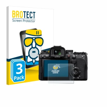 Vorderseite einer Produktverpackung mit dem Markenlogo BROTECT. Daneben ist das Gerät Sony Alpha 9 III mit dem zugehörigen Dis