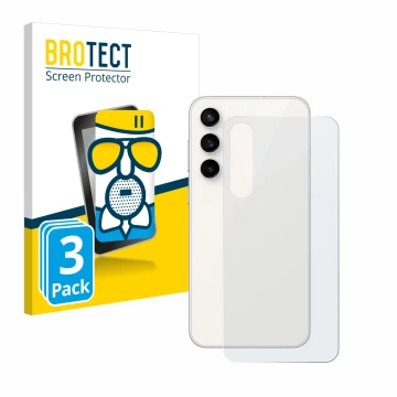 Vorderseite einer Produktverpackung mit dem Markenlogo BROTECT. Daneben ist das Gerät Samsung Galaxy S23 FE (Rückseite) mit de