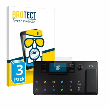 Vorderseite einer Produktverpackung mit dem Markenlogo BROTECT. Daneben ist das Gerät Line 6 Helix LT mit dem zugehörigen Disp