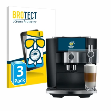 Vorderseite einer Produktverpackung mit dem Markenlogo BROTECT. Daneben ist das Gerät Jura J8 twin mit dem zugehörigen Display