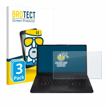 Vorderseite einer Produktverpackung mit dem Markenlogo BROTECT. Daneben ist das Gerät Fujitsu Lifebook E5412 mit dem zugehörig