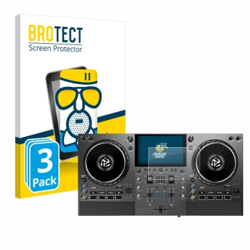 Vorderseite einer Produktverpackung mit dem Markenlogo BROTECT. Daneben ist das Gerät Numark Mixstream Pro Go mit dem zugehöri