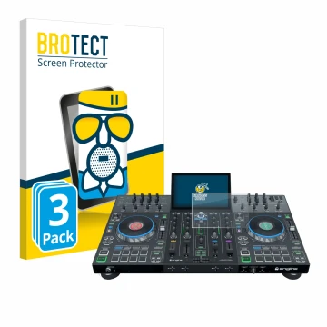 Vorderseite einer Produktverpackung mit dem Markenlogo BROTECT. Daneben ist das Gerät Denon DJ Prime 4+ mit dem zugehörigen Di