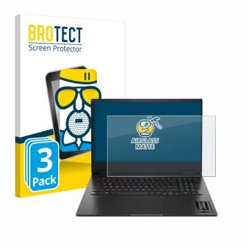 Vorderseite einer Produktverpackung mit dem Markenlogo BROTECT. Daneben ist das Gerät HP Omen 16 2024 mit dem zugehörigen Disp