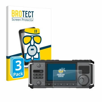 Vorderseite einer Produktverpackung mit dem Markenlogo BROTECT. Daneben ist das Gerät Xiegu X6200 mit dem zugehörigen Displays