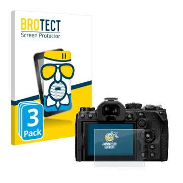 Vorderseite einer Produktverpackung mit dem Markenlogo BROTECT. Daneben ist das Gerät Olympus OM System OM-1 Mark II mit dem z