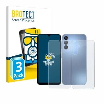 Vorderseite einer Produktverpackung mit dem Markenlogo BROTECT. Daneben ist das Gerät Samsung Galaxy A15 (Display+Rückseite) m