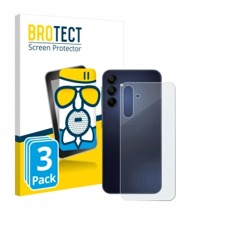 Vorderseite einer Produktverpackung mit dem Markenlogo BROTECT. Daneben ist das Gerät Samsung Galaxy A15 5G (Rückseite) mit de