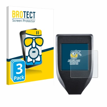 Vorderseite einer Produktverpackung mit dem Markenlogo BROTECT. Daneben ist das Gerät Trezor Model T mit dem zugehörigen Displ