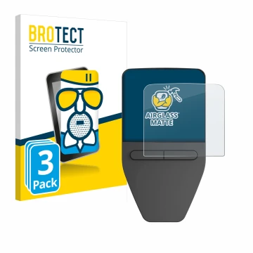 Vorderseite einer Produktverpackung mit dem Markenlogo BROTECT. Daneben ist das Gerät Trezor Safe 3 mit dem zugehörigen Displa