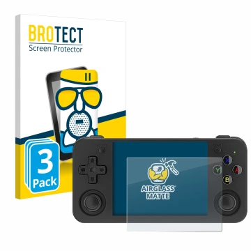 Vorderseite einer Produktverpackung mit dem Markenlogo BROTECT. Daneben ist das Gerät Anbernic RG35XX H mit dem zugehörigen Di