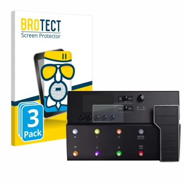 Vorderseite einer Produktverpackung mit dem Markenlogo BROTECT. Daneben ist das Gerät Line 6 POD Go mit dem zugehörigen Displa