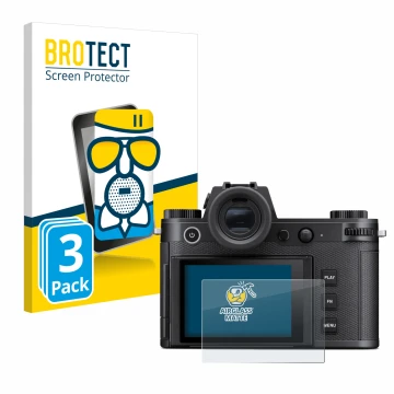 Vorderseite einer Produktverpackung mit dem Markenlogo BROTECT. Daneben ist das Gerät Leica SL3 mit dem zugehörigen Displaysch